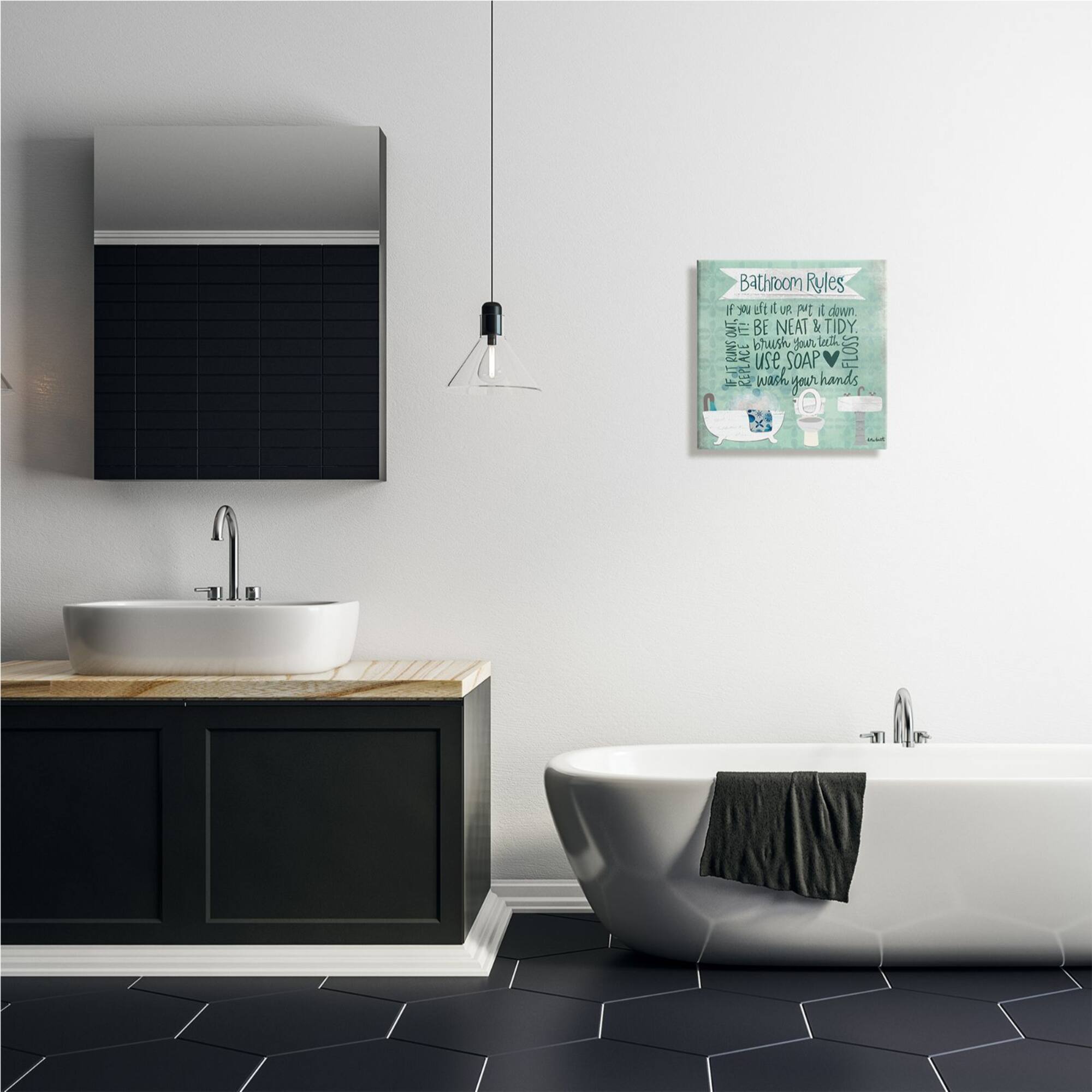 Stupell Industries Aqua Blue Bathroom Rules Collage Look Typography Canvas Wall Art